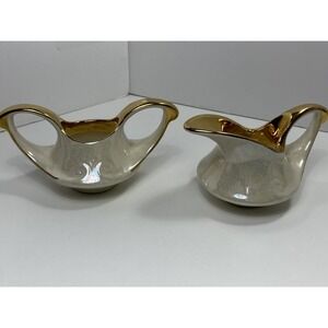 VTG Lusterware Coffee Creamer and Sugar Bowl Iridescent Gold Trim Marbled Glaze